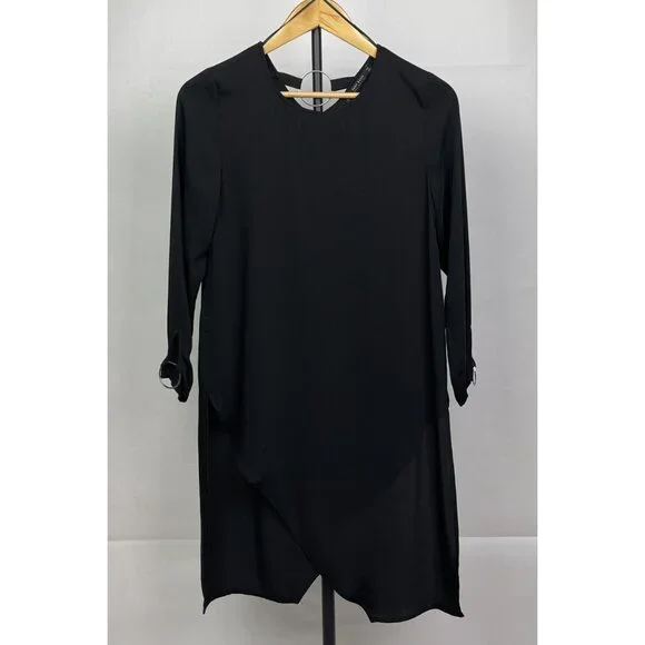 Zara Black Tunic Top Size XS Womens Blouse Long Sleeve Chiffon Assymetric - Picture 7 of 13